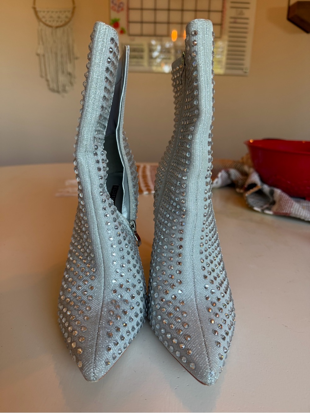 Silver Crystal-Studded Pointed Toe Ankle Boots